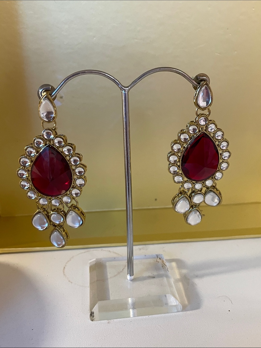 Gold-Tone Red Teardrop Statement Earrings with White Accents
